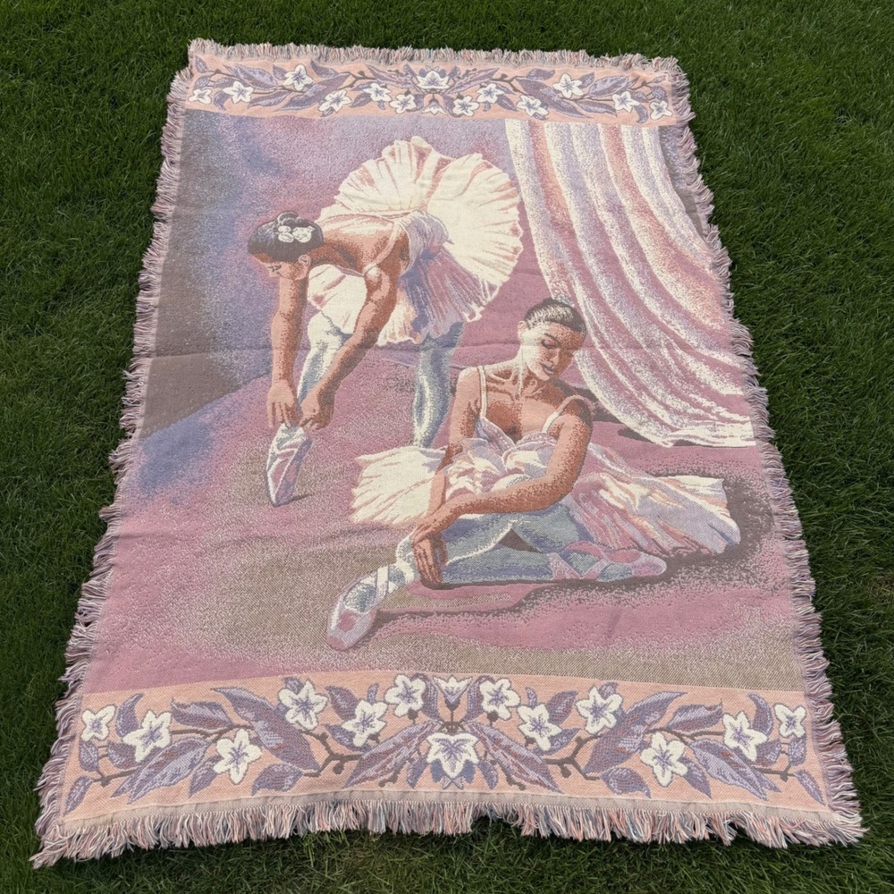 Vintage Goodwin Weavers Ballerina Woven Tapestry Throw Blanket Cotton Pink 68x48